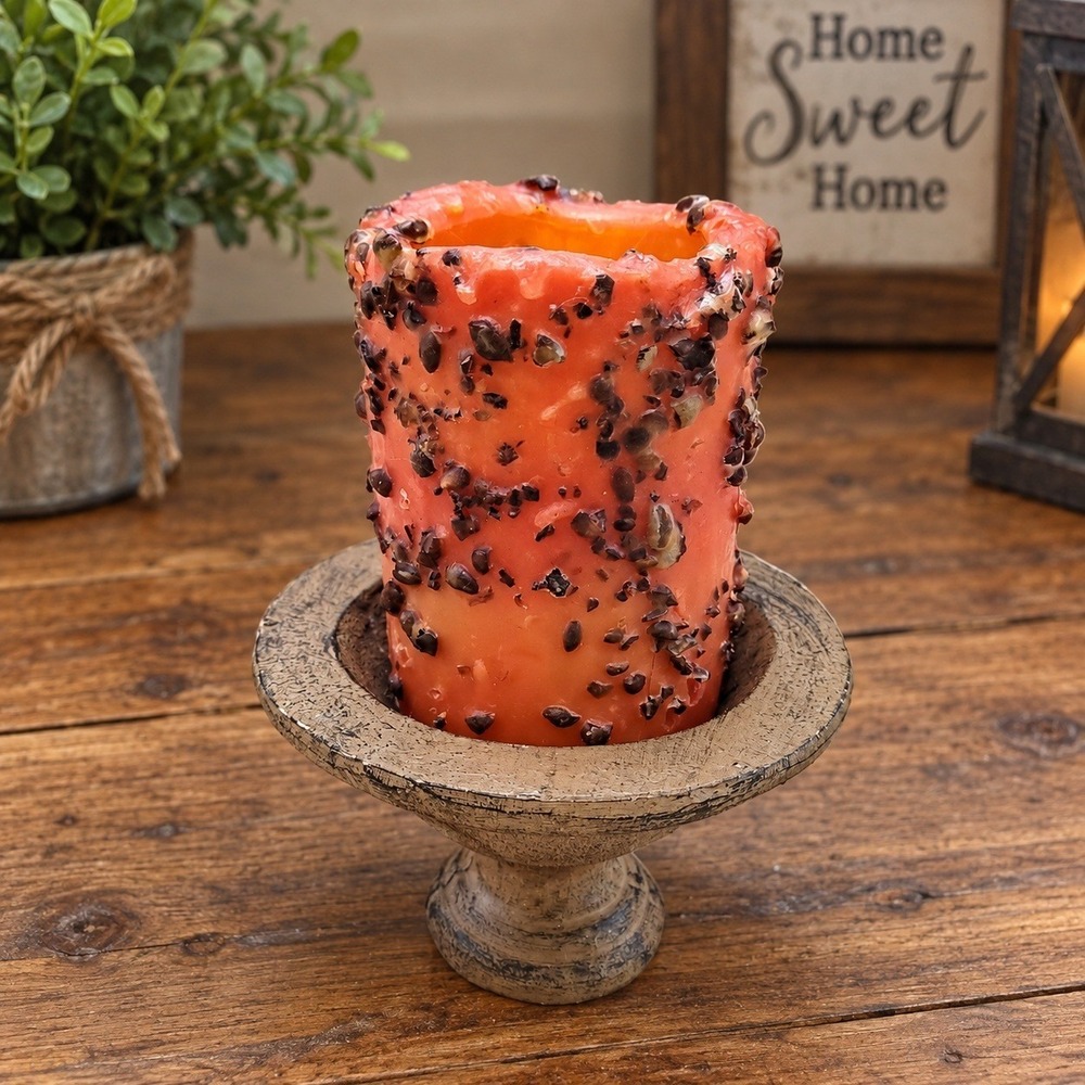 Primitive Orange Grubby LED Flameless Pillar Candle faux Stone Pedestal Holder
